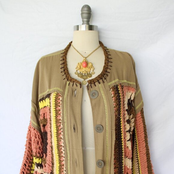 Free People No Rain Jacket cardigan granny Crochet Square Pieced Patchwork LG - Picture 8 of 11